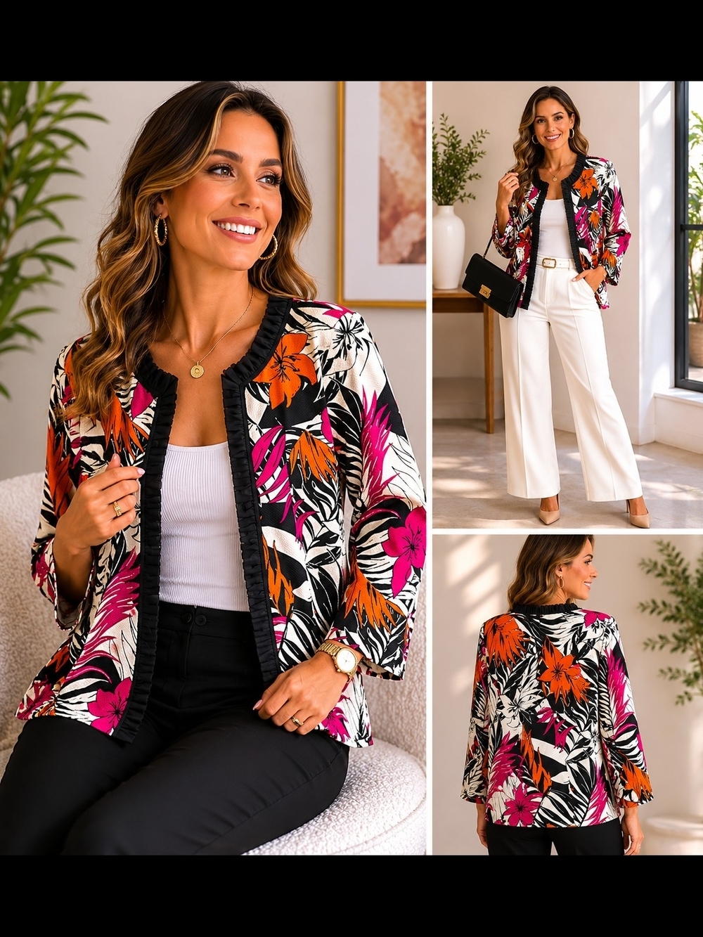 Tropical Floral Open-Front Blazer Jacket in Black, Pink & Orange